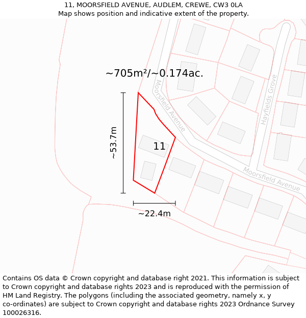 11, MOORSFIELD AVENUE, AUDLEM, CREWE, CW3 0LA: Plot and title map