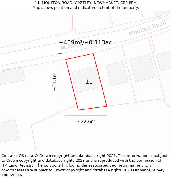 11, MOULTON ROAD, GAZELEY, NEWMARKET, CB8 8RA: Plot and title map