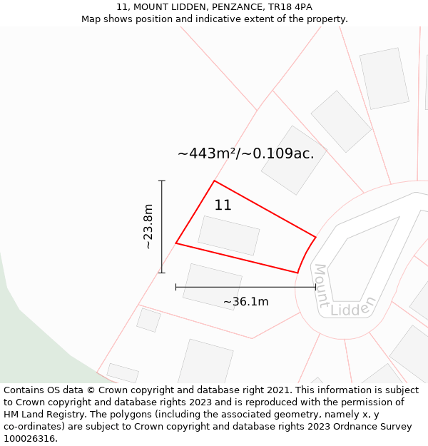 11, MOUNT LIDDEN, PENZANCE, TR18 4PA: Plot and title map