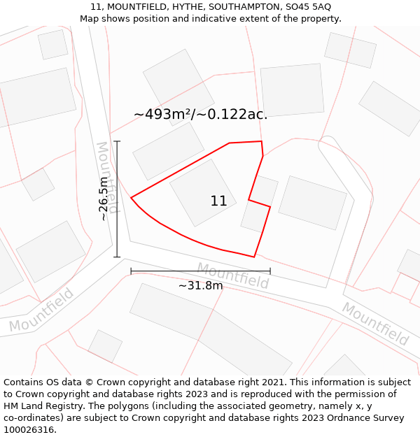 11, MOUNTFIELD, HYTHE, SOUTHAMPTON, SO45 5AQ: Plot and title map