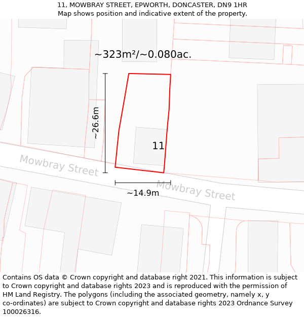 11, MOWBRAY STREET, EPWORTH, DONCASTER, DN9 1HR: Plot and title map