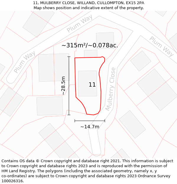 11, MULBERRY CLOSE, WILLAND, CULLOMPTON, EX15 2PA: Plot and title map