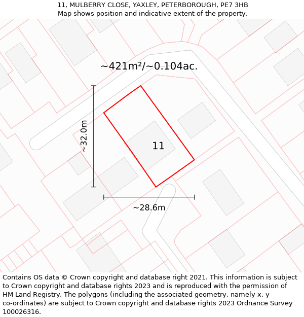 11, MULBERRY CLOSE, YAXLEY, PETERBOROUGH, PE7 3HB: Plot and title map