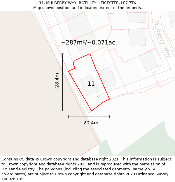 11, MULBERRY WAY, ROTHLEY, LEICESTER, LE7 7TX: Plot and title map