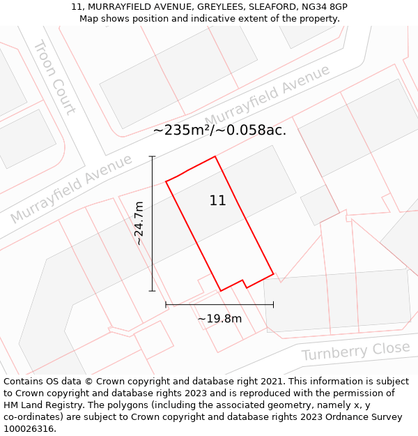 11, MURRAYFIELD AVENUE, GREYLEES, SLEAFORD, NG34 8GP: Plot and title map