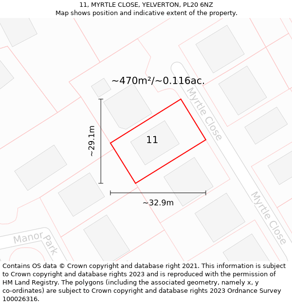 11, MYRTLE CLOSE, YELVERTON, PL20 6NZ: Plot and title map