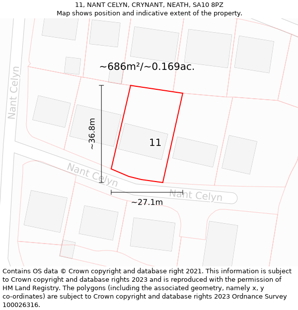 11, NANT CELYN, CRYNANT, NEATH, SA10 8PZ: Plot and title map