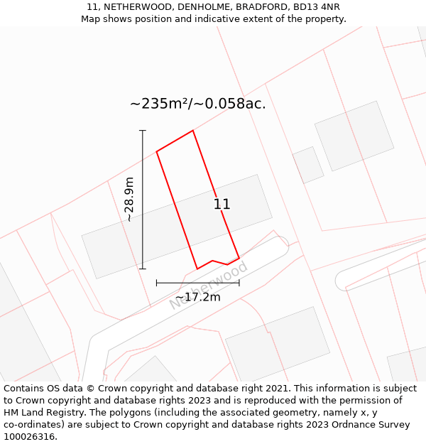 11, NETHERWOOD, DENHOLME, BRADFORD, BD13 4NR: Plot and title map