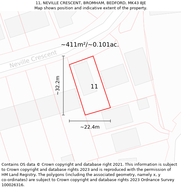 11, NEVILLE CRESCENT, BROMHAM, BEDFORD, MK43 8JE: Plot and title map