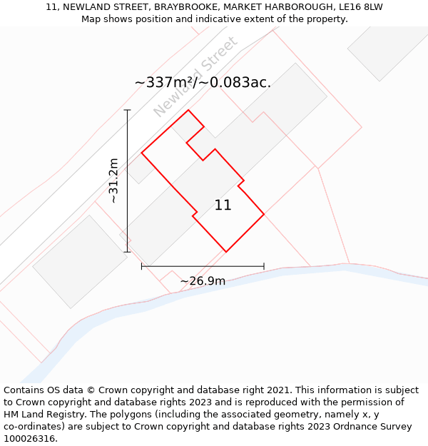 11, NEWLAND STREET, BRAYBROOKE, MARKET HARBOROUGH, LE16 8LW: Plot and title map