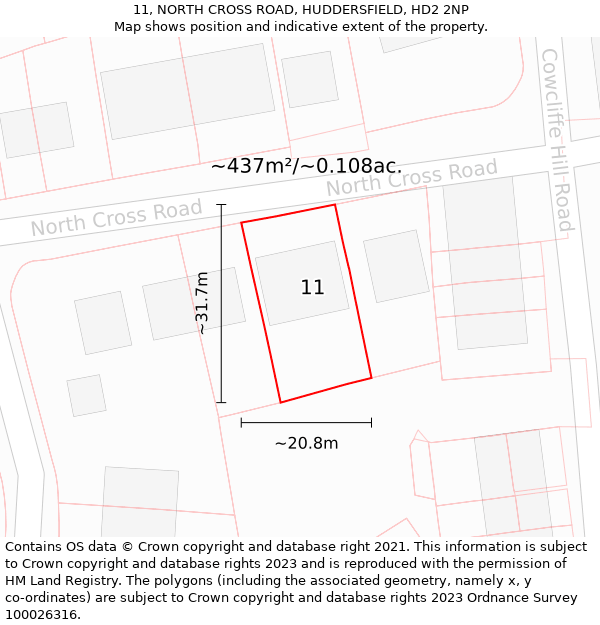 11, NORTH CROSS ROAD, HUDDERSFIELD, HD2 2NP: Plot and title map