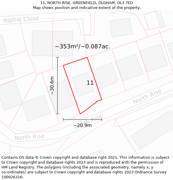 11, NORTH RISE, GREENFIELD, OLDHAM, OL3 7ED: Plot and title map