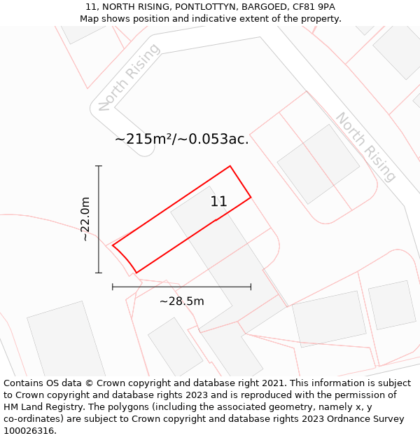 11, NORTH RISING, PONTLOTTYN, BARGOED, CF81 9PA: Plot and title map