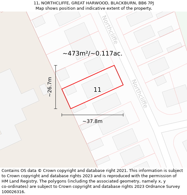 11, NORTHCLIFFE, GREAT HARWOOD, BLACKBURN, BB6 7PJ: Plot and title map