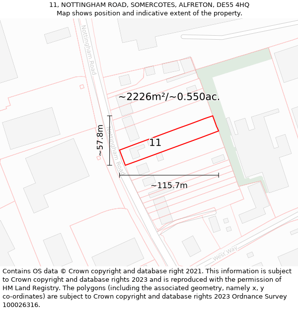 11, NOTTINGHAM ROAD, SOMERCOTES, ALFRETON, DE55 4HQ: Plot and title map