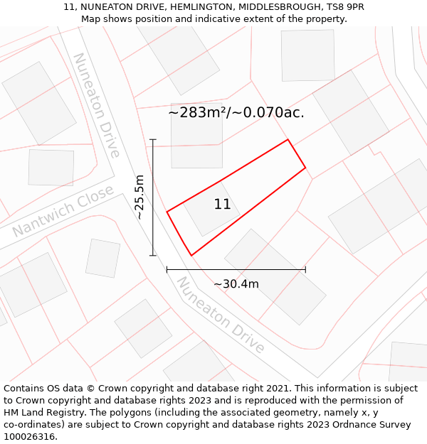 11, NUNEATON DRIVE, HEMLINGTON, MIDDLESBROUGH, TS8 9PR: Plot and title map