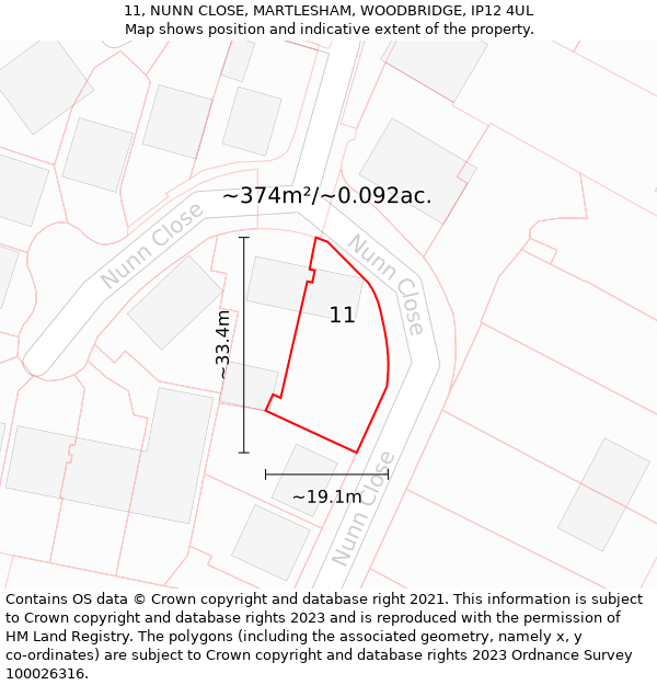 11, NUNN CLOSE, MARTLESHAM, WOODBRIDGE, IP12 4UL: Plot and title map