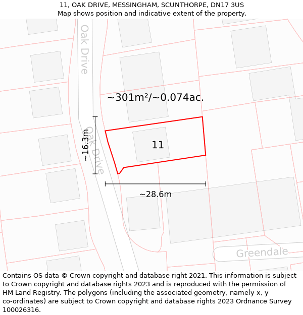 11, OAK DRIVE, MESSINGHAM, SCUNTHORPE, DN17 3US: Plot and title map