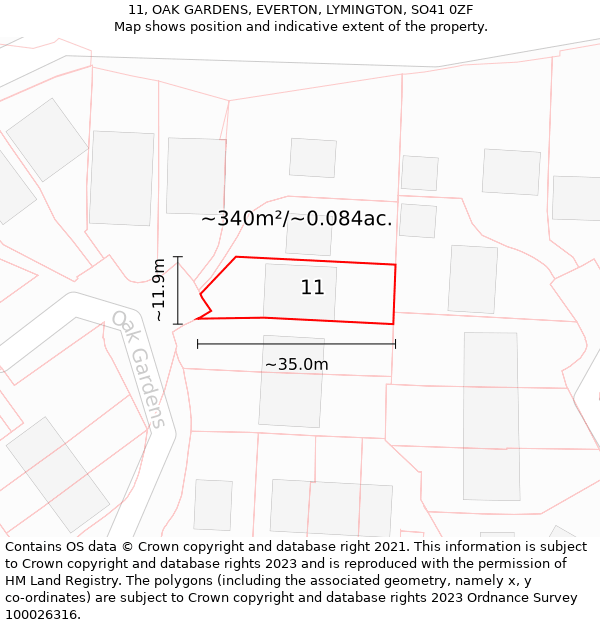 11, OAK GARDENS, EVERTON, LYMINGTON, SO41 0ZF: Plot and title map