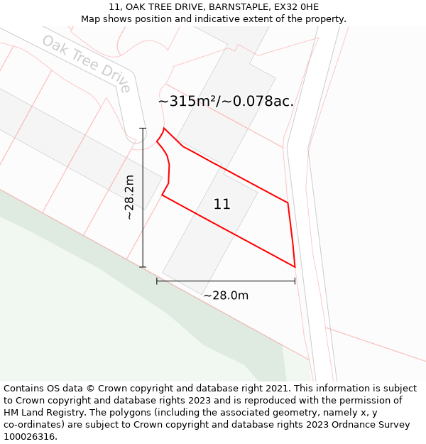 11, OAK TREE DRIVE, BARNSTAPLE, EX32 0HE: Plot and title map