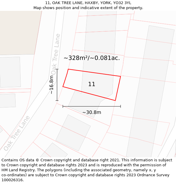 11, OAK TREE LANE, HAXBY, YORK, YO32 3YL: Plot and title map