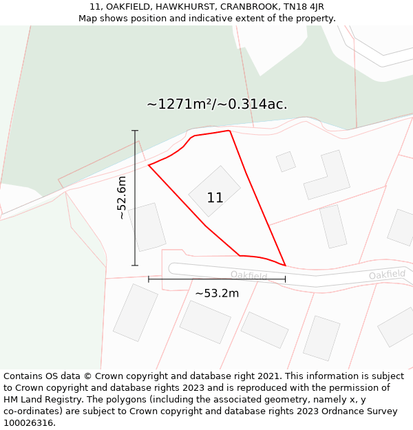 11, OAKFIELD, HAWKHURST, CRANBROOK, TN18 4JR: Plot and title map