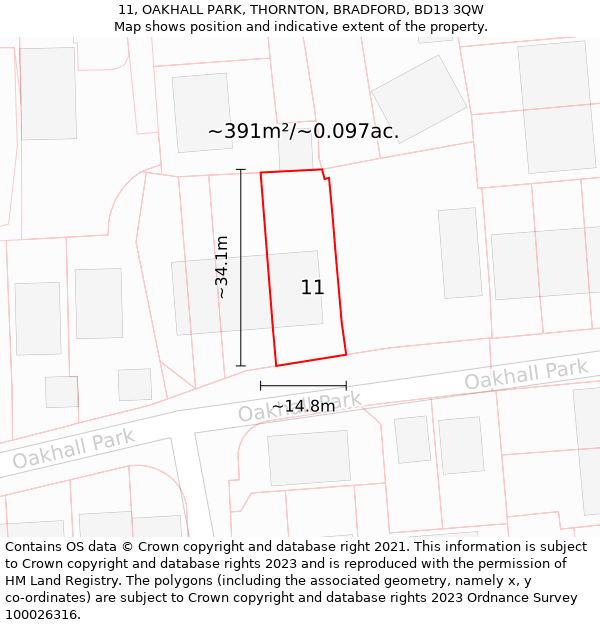 11, OAKHALL PARK, THORNTON, BRADFORD, BD13 3QW: Plot and title map