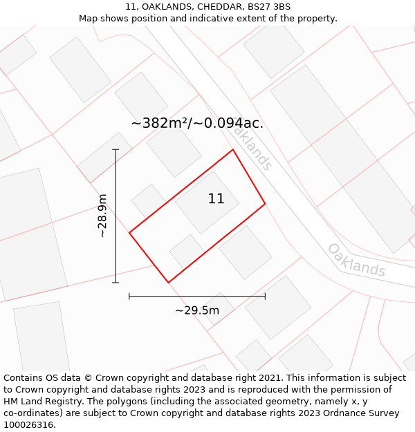 11, OAKLANDS, CHEDDAR, BS27 3BS: Plot and title map