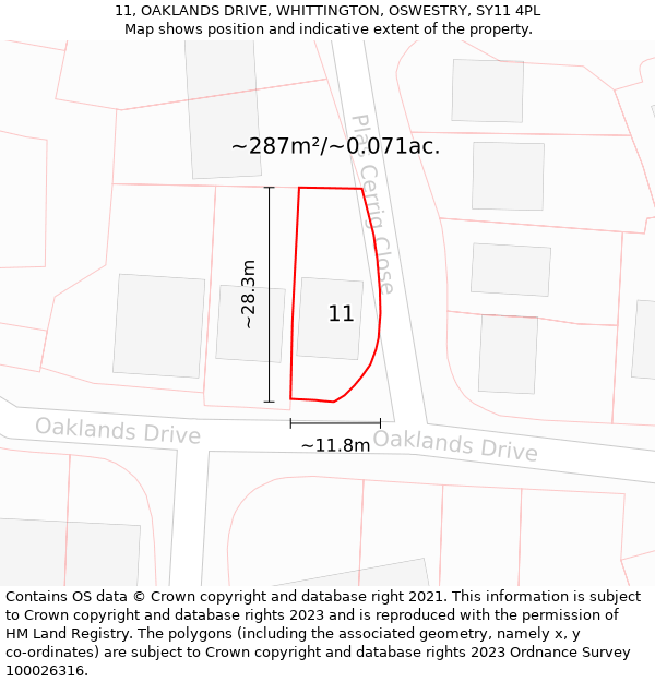 11, OAKLANDS DRIVE, WHITTINGTON, OSWESTRY, SY11 4PL: Plot and title map