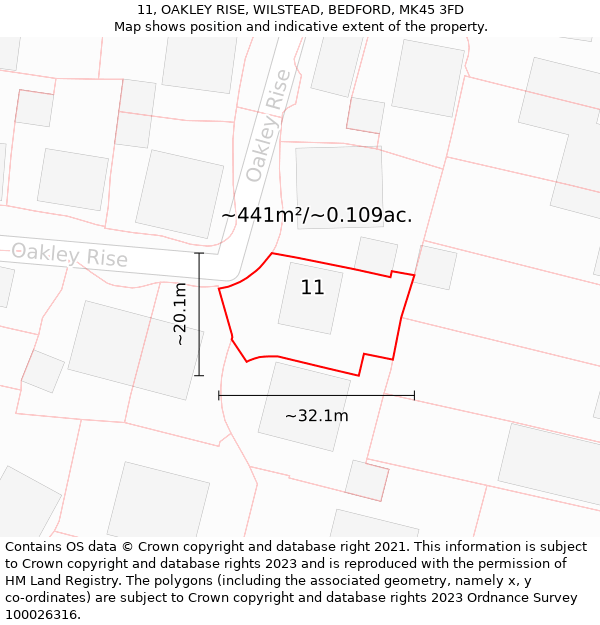 11, OAKLEY RISE, WILSTEAD, BEDFORD, MK45 3FD: Plot and title map