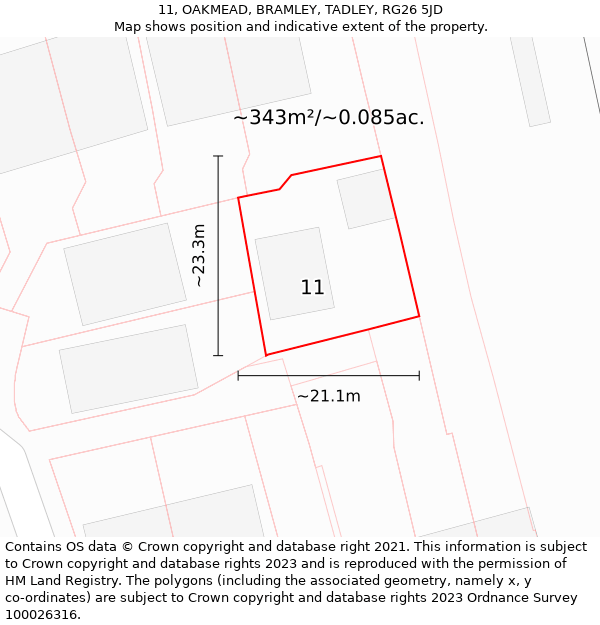 11, OAKMEAD, BRAMLEY, TADLEY, RG26 5JD: Plot and title map