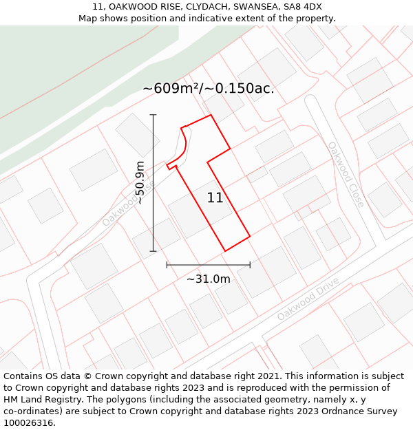 11, OAKWOOD RISE, CLYDACH, SWANSEA, SA8 4DX: Plot and title map