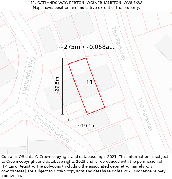 11, OATLANDS WAY, PERTON, WOLVERHAMPTON, WV6 7XW: Plot and title map