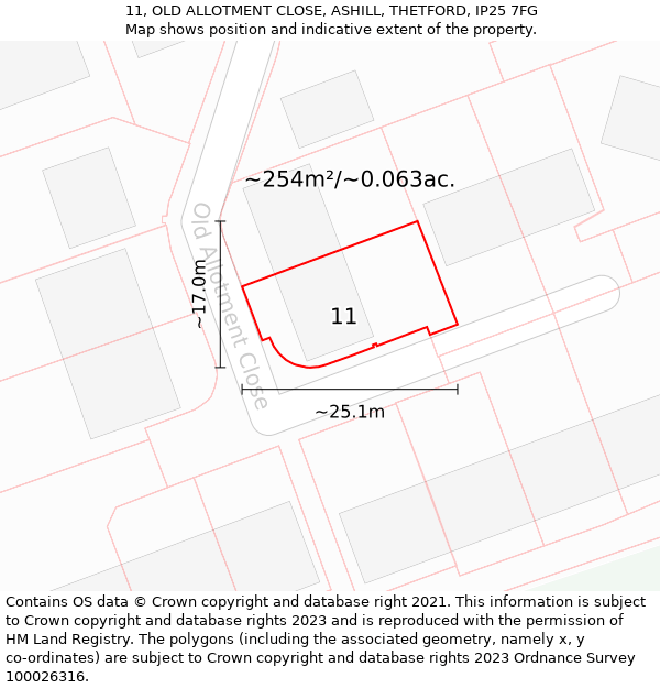 11, OLD ALLOTMENT CLOSE, ASHILL, THETFORD, IP25 7FG: Plot and title map