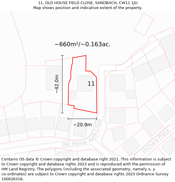 11, OLD HOUSE FIELD CLOSE, SANDBACH, CW11 1JU: Plot and title map