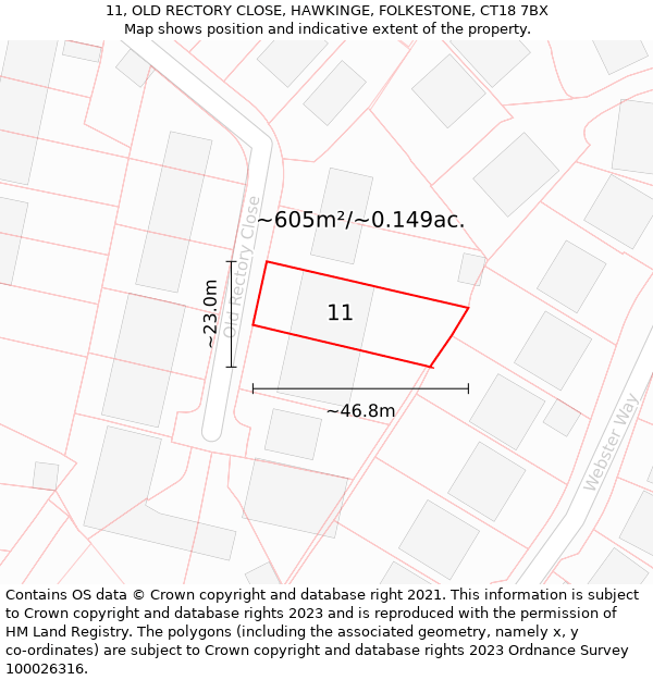 11, OLD RECTORY CLOSE, HAWKINGE, FOLKESTONE, CT18 7BX: Plot and title map