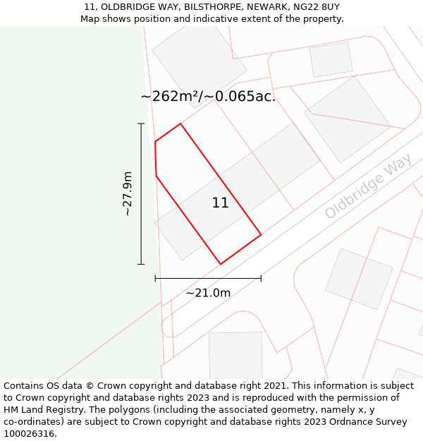 11, OLDBRIDGE WAY, BILSTHORPE, NEWARK, NG22 8UY: Plot and title map