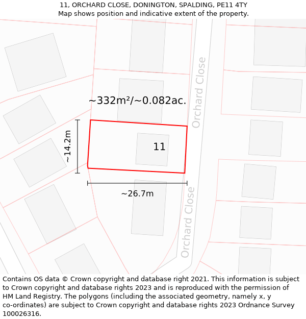 11, ORCHARD CLOSE, DONINGTON, SPALDING, PE11 4TY: Plot and title map