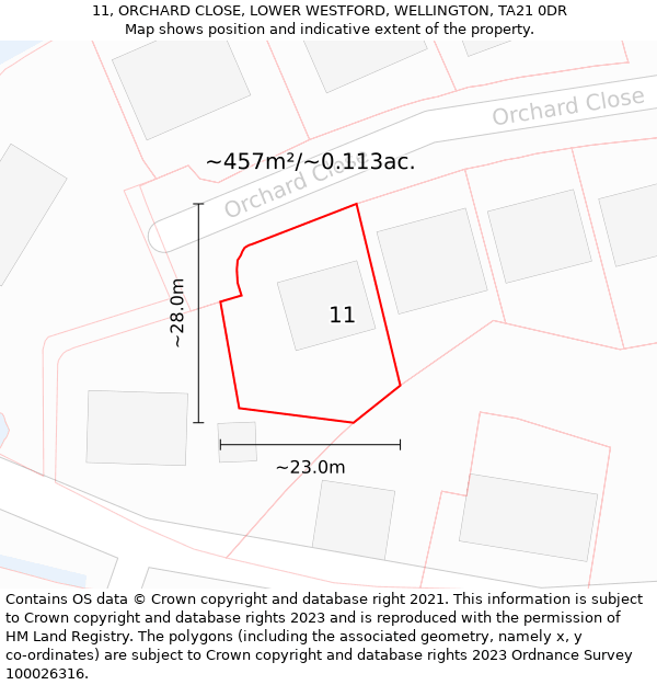 11, ORCHARD CLOSE, LOWER WESTFORD, WELLINGTON, TA21 0DR: Plot and title map