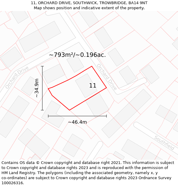 11, ORCHARD DRIVE, SOUTHWICK, TROWBRIDGE, BA14 9NT: Plot and title map