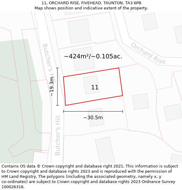 11, ORCHARD RISE, FIVEHEAD, TAUNTON, TA3 6PB: Plot and title map