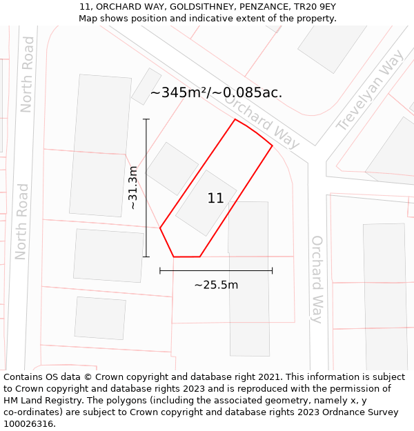 11, ORCHARD WAY, GOLDSITHNEY, PENZANCE, TR20 9EY: Plot and title map