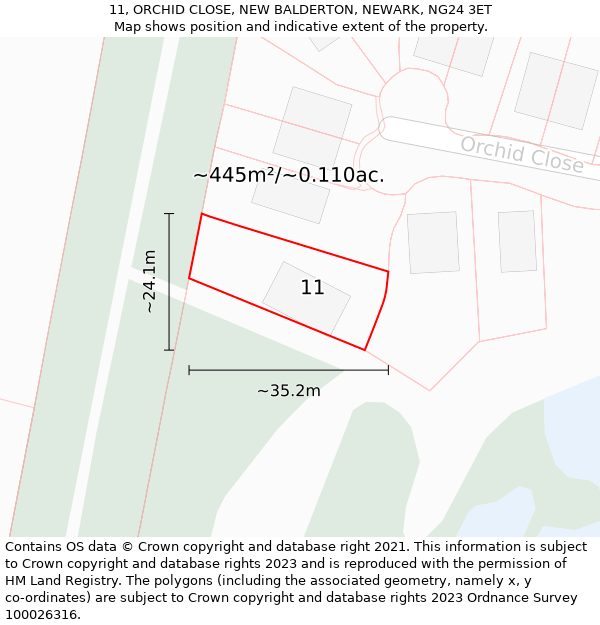 11, ORCHID CLOSE, NEW BALDERTON, NEWARK, NG24 3ET: Plot and title map