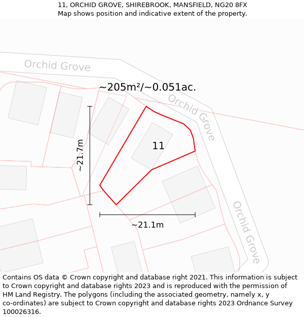 11, ORCHID GROVE, SHIREBROOK, MANSFIELD, NG20 8FX: Plot and title map