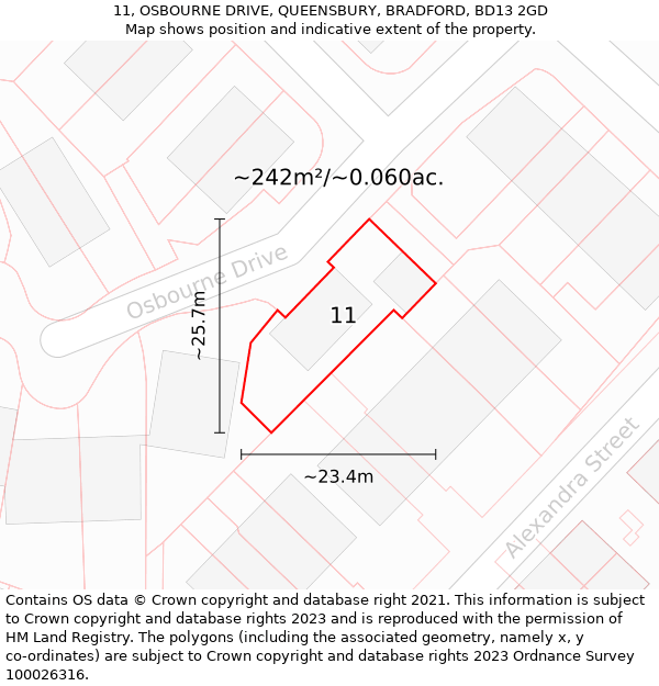 11, OSBOURNE DRIVE, QUEENSBURY, BRADFORD, BD13 2GD: Plot and title map