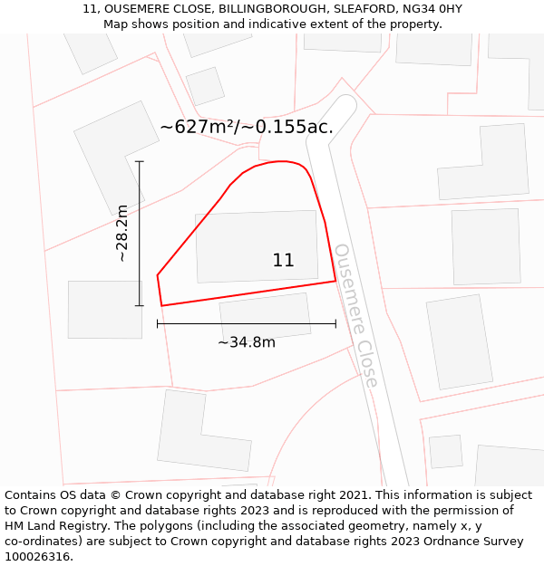11, OUSEMERE CLOSE, BILLINGBOROUGH, SLEAFORD, NG34 0HY: Plot and title map