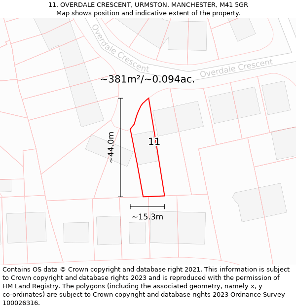 11, OVERDALE CRESCENT, URMSTON, MANCHESTER, M41 5GR: Plot and title map