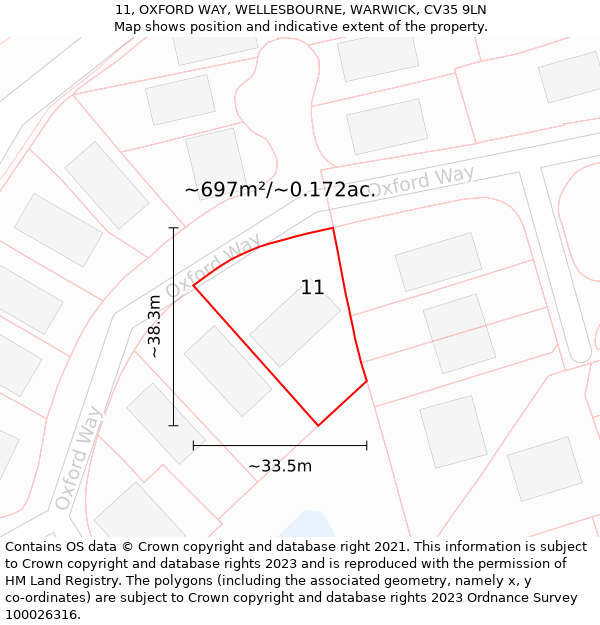 11, OXFORD WAY, WELLESBOURNE, WARWICK, CV35 9LN: Plot and title map