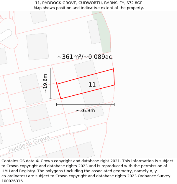 11, PADDOCK GROVE, CUDWORTH, BARNSLEY, S72 8GF: Plot and title map