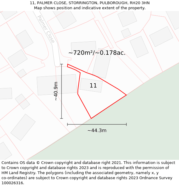 11, PALMER CLOSE, STORRINGTON, PULBOROUGH, RH20 3HN: Plot and title map